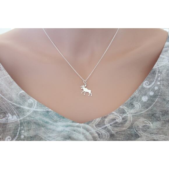 Sterling Silver Moose Charm Necklace, Silver Moose Pendant Necklace - Picture 3 of 3